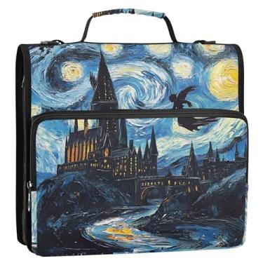 Imagem de Fantasia Castelo Céu Noturno Estrelado Fichários 3 Anéis Resistente Zíper Organizador de Fichários Escolares Bolsa com Alça de Ombro Portfólio e Estojo Suporte de Pasta de Anel
