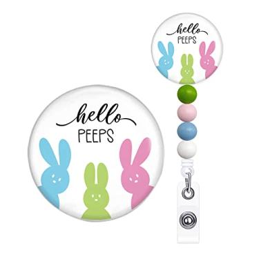 Imagem de Carretel de crachá de páscoa 3 coelhos com contas de 1,7 cm clipe de jacaré retrátil pergaminho, presente de páscoa, estudante escritório trabalhador férias ID decoração médica nome de enfermeira