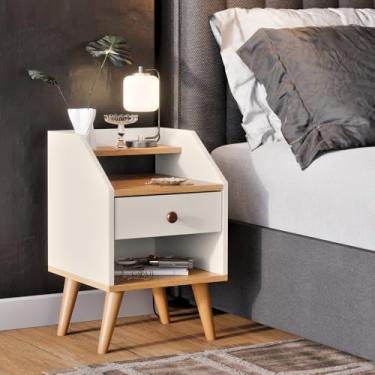 Imagem de Mesa De Cabeceira Para Quarto Pés Retro Criado 1 Gaveta Cores (DAKOTA- OFF WHITE/FREIJO)