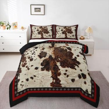 Imagem de jejeloiu Conjunto de cama com estampa de pele de vaca, macio, para meninos e meninas, Queen Size, casa de fazenda, edredom de microfibra de pele de animal de fazenda ocidental, decoração de quarto, 3
