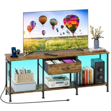 Imagem de GYIIYUO Suporte de TV LED para TV de 65, 60, 55 polegadas, centro de entretenimento com tomada elétrica e gavetas de tecido, mesa de console de TV industrial para sala de estar, quarto, marrom rústico