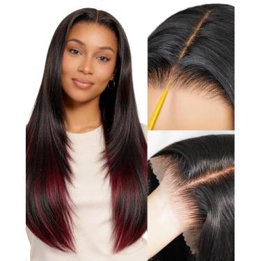 Imagem de TESLAL Peruca Borgonha Misturada Preta Use E Vá Sem Cola Cabelo Humano Misturado Pré-Cortado Hd Lace 6X6 Camadas Perucas Retas Para Mulheres 260% Densidade Sintética Por Tecnologia Crafted 26 Polega