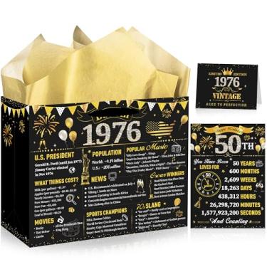 Imagem de MOIZYNG Bolsa de presente de aniversário de 50 anos para homens e mulheres, vintage ouro preto em 1976, sacos de embrulho para presente com alças, papel de seda e cartão comemorativo para decoração de