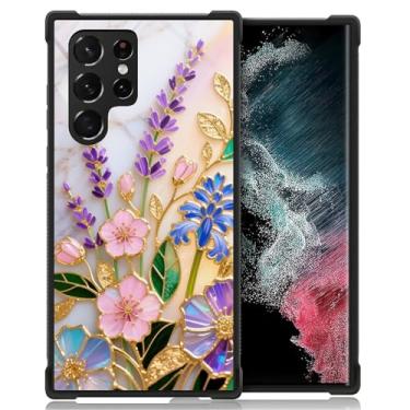 Imagem de CARLOCA Capa compatível com Samsung Galaxy S23 Ultra Design para meninas à prova de choque antiarranhões capa traseira rígida PC estética padrão mármore branco vitral dourado lavanda flores