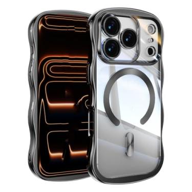 Imagem de SFDSUH Capa transparente de luxo com revestimento eletrolítico e efeito de onda grande para iPhone 16, compatível com carregamento sem fio (para iPhone 16/preta)
