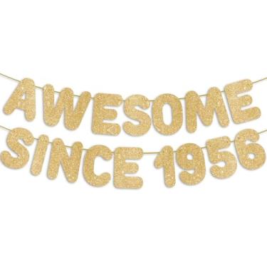 Imagem de Faixa dourada com glitter Pre-Strung Awesome Since 1956, decorações de aniversário de 70 anos para mulheres, placa de festa de aniversário de 70 anos para homens