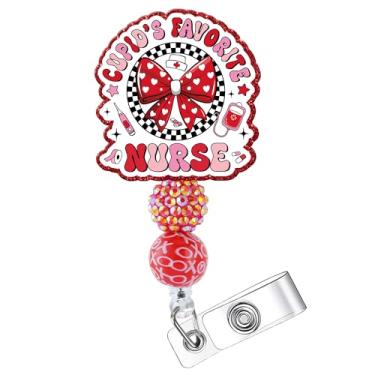 Imagem de Carretel de crachá de dia dos namorados, porta-identidade retrátil de enfermeira favorita do Cupido, acessórios de trabalho com clipe de laço de coração, presentes para enfermeiras, estudantes de
