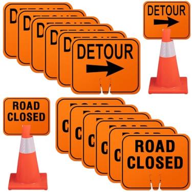 Imagem de Geetery 12 placas de seta de cone de trânsito 26,4 cm x 32 cm reversível laranja sinalização de estrada cone fechado superior aviso de tráfego direcional esquerda direita setas sinal para construção