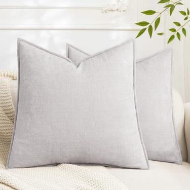 Imagem de Cozoomy Conjunto de 2 capas de almofada decorativas macias texturizadas 50 x 50 cm capa de almofada aconchegante fazenda com detalhes quadrados para cama, sofá, sala de estar, cinza claro