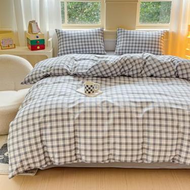 Imagem de BlueBlue Conjunto de capa de edredom geométrico, solteiro, 100% algodão, padrão xadrez cinza e branco, 1 capa de edredom abstrata moderna, 2 fronhas (twin)