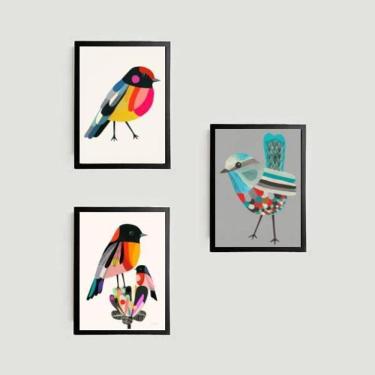 Imagem de Kit 3 Quadros Passarinhos Coloridos 45X34Cm Com Vidro Preta