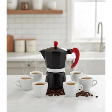 Imagem de Cafeteira Italiana Moka, Alumínio, Preto com Alças Vermelhas, 6 Xícaras, 9 Xícaras, para Café Expresso, Compatível com Fogão (Preta 6 Xícaras)
