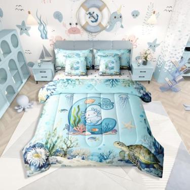 Imagem de Erosebridal Conjunto de cama de 7 peças Axolotl para meninas e meninos, conjunto de edredom solteiro com letra C, lindo oceano azul, salamandra, em uma bolsa com lençol com monograma de desenho