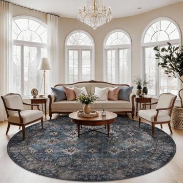 Imagem de Tapete redondo de 2,4 m para sala de estar: tapetes redondos grandes para sala de jantar entrada quarto - tapete circular antiderrapante macio - azul marinho vintage