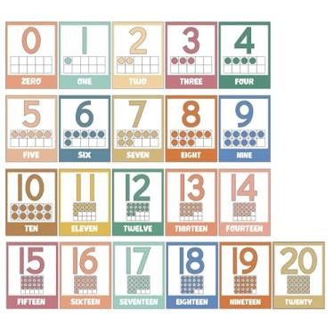 Imagem de JarThenaAMCS 21 peças de tabelas de números de volta às aulas 0-20 pôsteres de matemática pôsteres educativos coloridos boho para decoração de parede de sala de aula em casa inclinada para matemática
