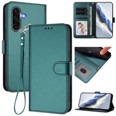Imagem de Capa carteira para Samsung Galaxy A56 5G, capa fina de couro com compartimentos para cartões, alça de pulso e suporte, capa protetora à prova de choque para homens e mulheres (verde escuro)