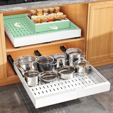 Imagem de Organizador de armário removível, largura expansível (35,5-61 cm), profundidade (33-61 cm) com 3 trilhos, gavetas deslizantes com almofada de elevação para armários emoldurados, fixo com filme adesivo