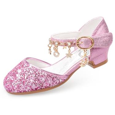 Imagem de Stelle Sapatos femininos de salto alto para meninas e meninas com glitter brilhante em couro sintético com alças ajustáveis para festa de casamento, Fúcsia brilhante, 22