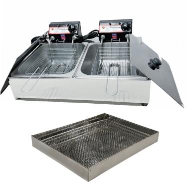 Imagem de Fritadeira Elétrica Industrial 2 Cubas Antichamas 110V Com Tampa E Escorredor G