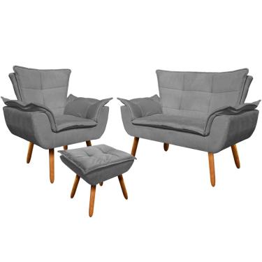 Imagem de Conjunto Poltrona Puff e Namoradeira Pés Palito Charger Suede Grafite - Gran Belo