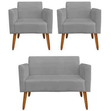 Imagem de Conjunto Namoradeira e 2 Poltronas Decorativas Isabella Pés Palito Madeira Suede Grafite - Gran Belo
