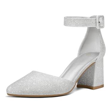 Imagem de mysoft Sapato feminino de bico fino, salto grosso, bico fechado, tira no tornozelo, sapato tipo escarpim – Disponível em tamanhos amplos, Prata, 6 Wide