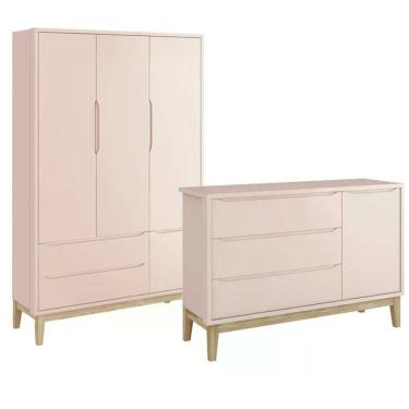 Imagem de Jogo De Quarto Classic Guarda Roupa 3 Portas E Cômoda Rosa Fosco Com Pés Madeira Natural - Reller Móveis Rosa Fosco