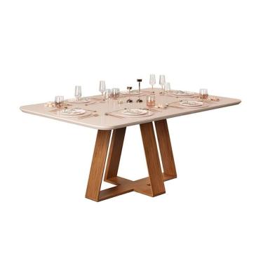 Imagem de Mesa de Sala Jantar Celeste c/Tampo Madeirado Vidro Curvo 160x90cm Freijó/Off White - DJ Móveis