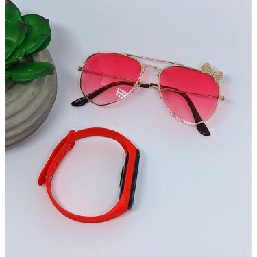 Imagem de Kit Relógio Led Infantil Band Bracelete Silicone Menina + Óculos de Sol Aviador Lacinho Flexível aço Proteção Uv400