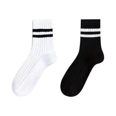 Imagem de Meias Masculinas De Cano Médio, 6 Pares, Listradas Em Preto E Branco, 