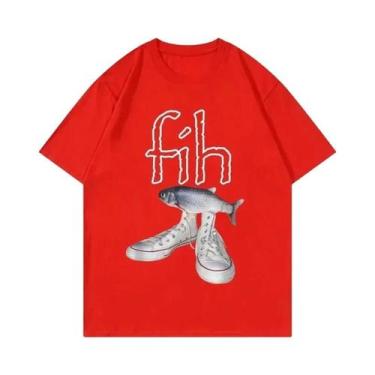 Imagem de Camiseta Feminina Casual Da Moda Com Estampa De Meme De Peixe, Manga C