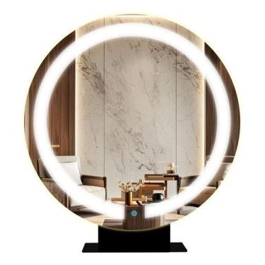 Imagem de Espelho Redondo Duplo Com Iluminação E Suporte Bancada 60cm Moldura Pr