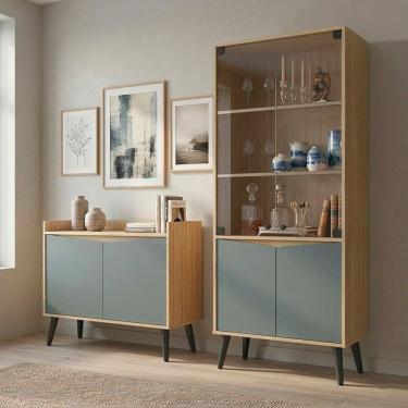 Imagem de Buffet Aparador 2 Portas Retrô 88cm e Cristaleira Amendoa / Acqua