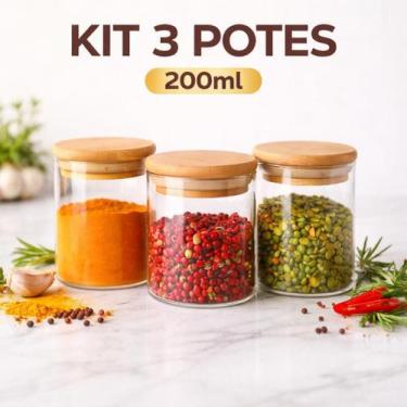 Imagem de Kit 3 Pcs Pote De Vidro Com Tampa De Bambu Hermético 200ml - WELLMIX
