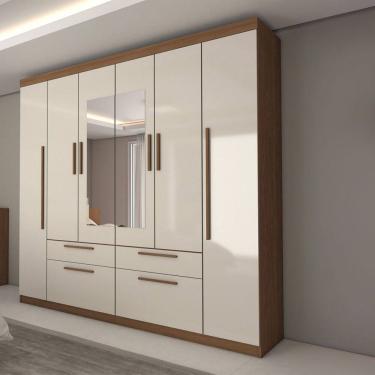 Imagem de Guarda-Roupa Casal Fortaleza 6 Portas 4 Gavetas com Espelho Jatoba/Areia - Panorama Móveis