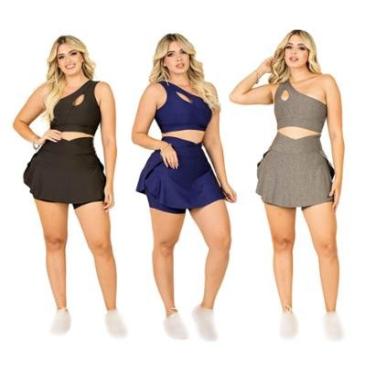 Imagem de Kit 3 Conjuntos Short Saia e Top Cropped Fitness Moda Evangélica Academia Beach Tennis...