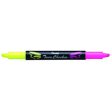 Imagem de Pentel Marcador de ponta dupla Twin Checker, ponta de cinzel, tinta amarela/rosa, pacote com 12 (SLW8-GP)