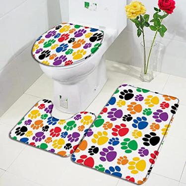 Imagem de Conjunto de tapetes de banho com pegadas de gato e cachorro tapete de porta com estampa animal decoração de banheiro infantil antiderrapante tapete de tampa de vaso sanitário 3 peças, 3473J, conjunto de 3 peças, 75x45 cm, conjunto de 3 peças