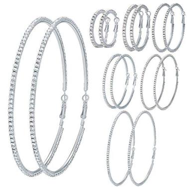 Imagem de Conjunto de 7 pares de brincos de argola de cristal grande e brilhante de prata dourada de 3 a 10 cm, conjunto de brincos de festa redonda para presente de casamento