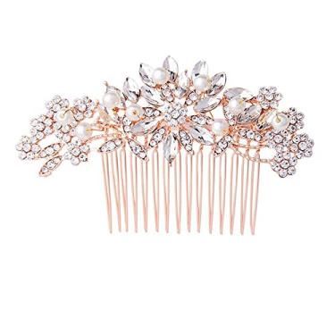 Imagem de Pente de cabelo de casamento de ouro rosa com cristal de pérola para noivas e madrinha