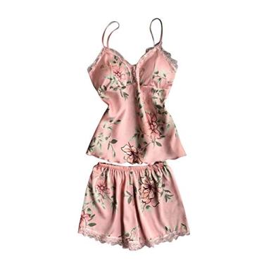 Imagem de Conjunto de pijama feminino estampado de seda roupa íntima sexy de cetim lingerie de renda pijama cami shorts conjunto roupa de dormir, rosa, G