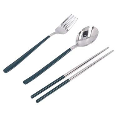 Imagem de Conjunto de utensílios de viagem, conjunto de talheres de aço inoxidável fácil de limpar superfície portátil resistente ao deslizamento para hotéis para restaurantes (prata verde)