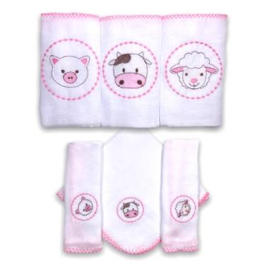 Imagem de Kit 6 Fraldas De Pano Bordadas (3 De Ombro + 3 De Boca) Fazendinha Rosa
