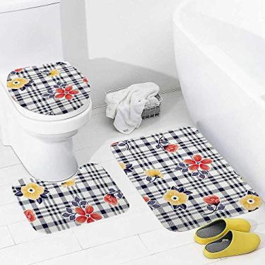 Imagem de Conjunto de tapetes de banheiro e 3 peças de flores em xadrez colorido, tapete de banheiro de espuma viscoelástica, lavável, antiderrapante, tapete e tampa para banheiro