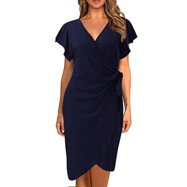 Imagem de UIFLQXX Vestido feminino para coquetel, decote em V profundo, manga com babados, vestido casual, vestido de festa, trabalho, vestido formal, Azul-escuro, XXG