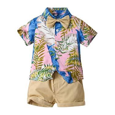 Imagem de Roupas para bebês meninos vintage para meninos manga curta estampa floral camiseta tops shorts roupas de bebê infantil 3-6, Bege, 4-5 Anos