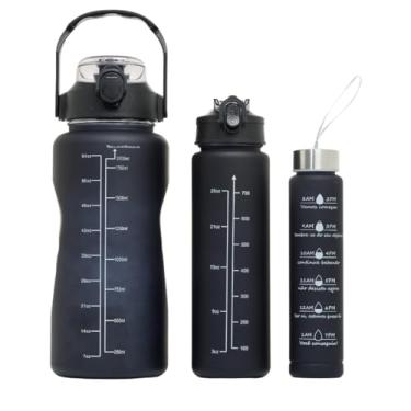 Imagem de Kit 3 Garrafa de Água Motivacional Garrafa Squeeze 2 Litros Com Canudo, Alça e Tampa Antivazamento (Preto)