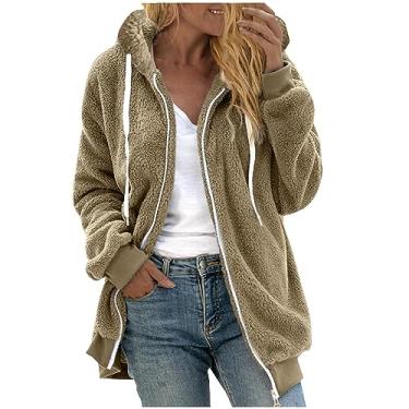 Imagem de BFAFEN Casaco de inverno feminino com capuz de manga comprida com zíper completo, jaqueta de lã quente e macia, jaqueta casual de cor sólida, Caqui, M
