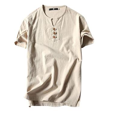 Imagem de Camisetas masculinas soltas Henley 2024 manga curta casual verão camisetas modernas camisetas masculinas, Caqui, G