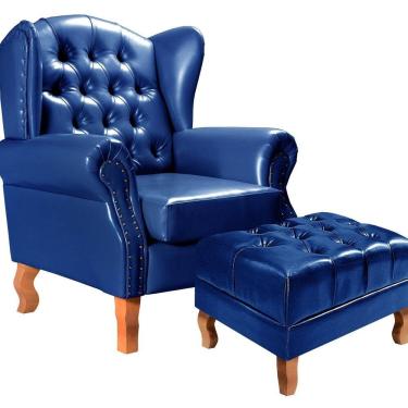 Imagem de Poltrona e Puff Chesterfield Imperador Decoração Retrô Vintage Azul